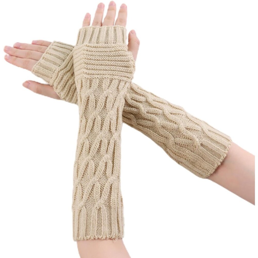 Women's Beige Thumb Hole Warm Arm Sleeves Fingerless Knit Wrist Mittens Gloves